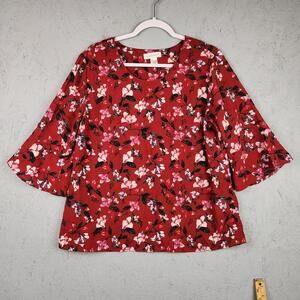 Christopher & Banks Blouse Womens Large Red Floral Bell Sleeve Top Shirt Preppy